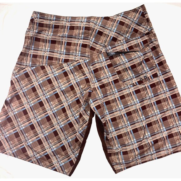 Reef Men’s Board Shorts Sz 38 Brown Blue Plaid Swim Surf Trunks Beachwear - Picture 2 of 4